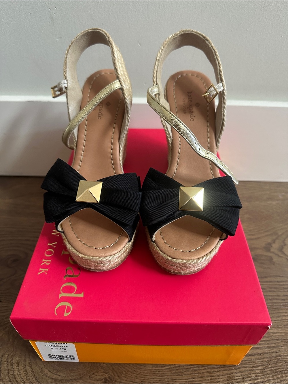 kate spade Gold Metallic & Black Bow Espadrille Wedge Sandals